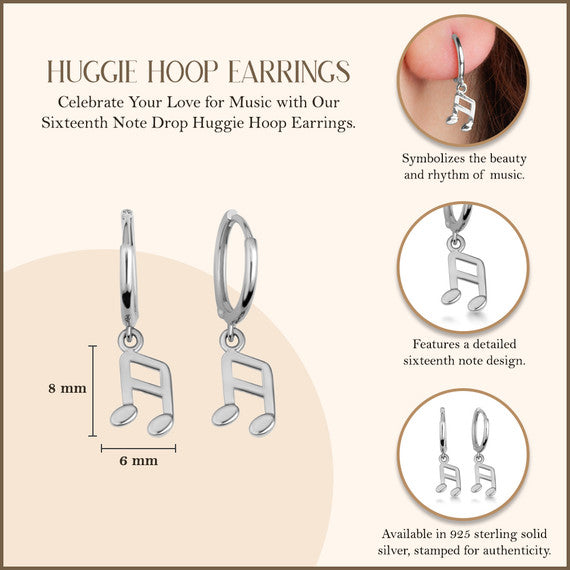 .925 Sterling Silver Sixteenth Music Note Drop Huggie Hoop Earrings