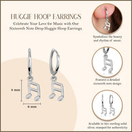 .925 Sterling Silver Sixteenth Music Note Drop Huggie Hoop Earrings
