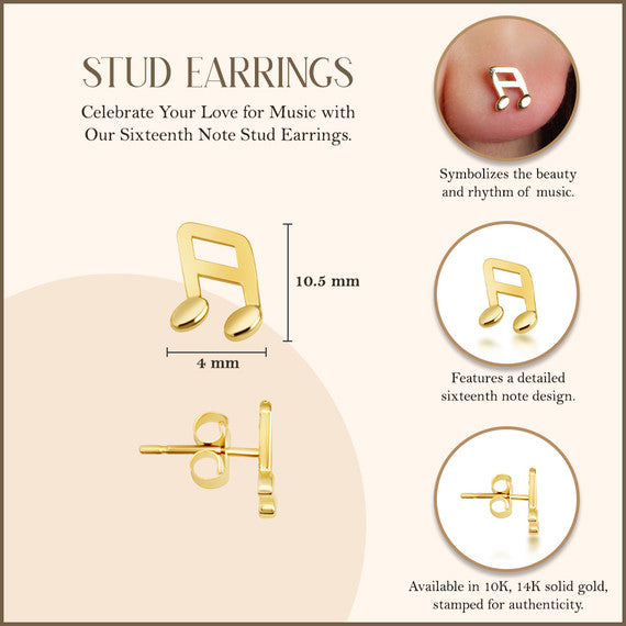 Yellow Gold Sixteenth Music Note Stud Earrings