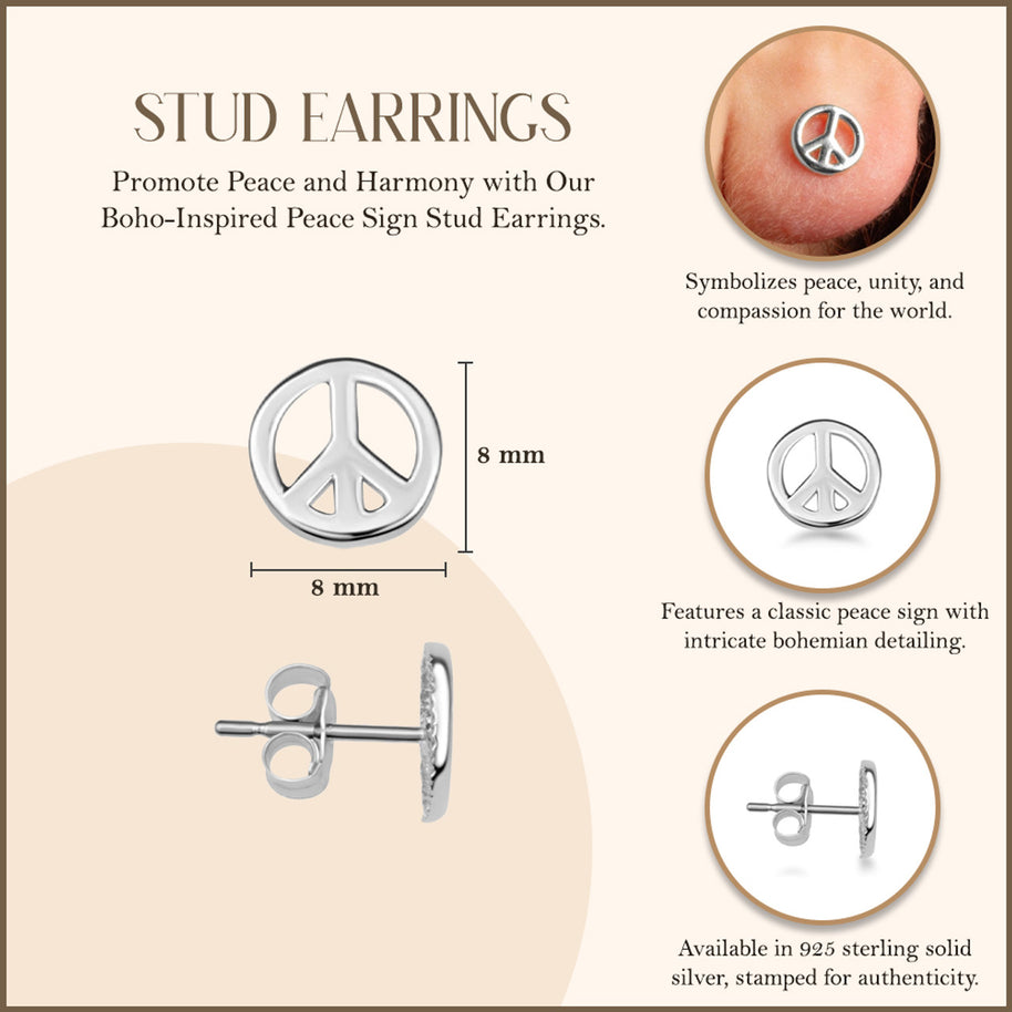 .925 Sterling Silver Peace Sign Boho Stud Earrings