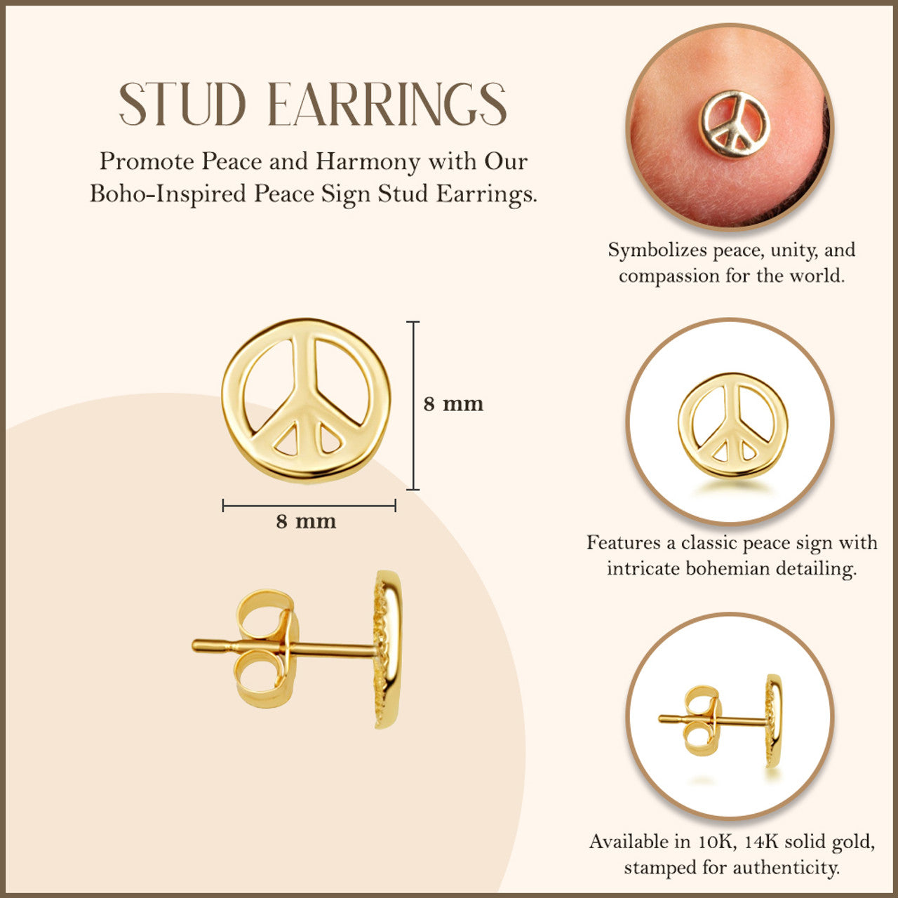 Yellow Gold Peace Sign Boho Stud Earrings