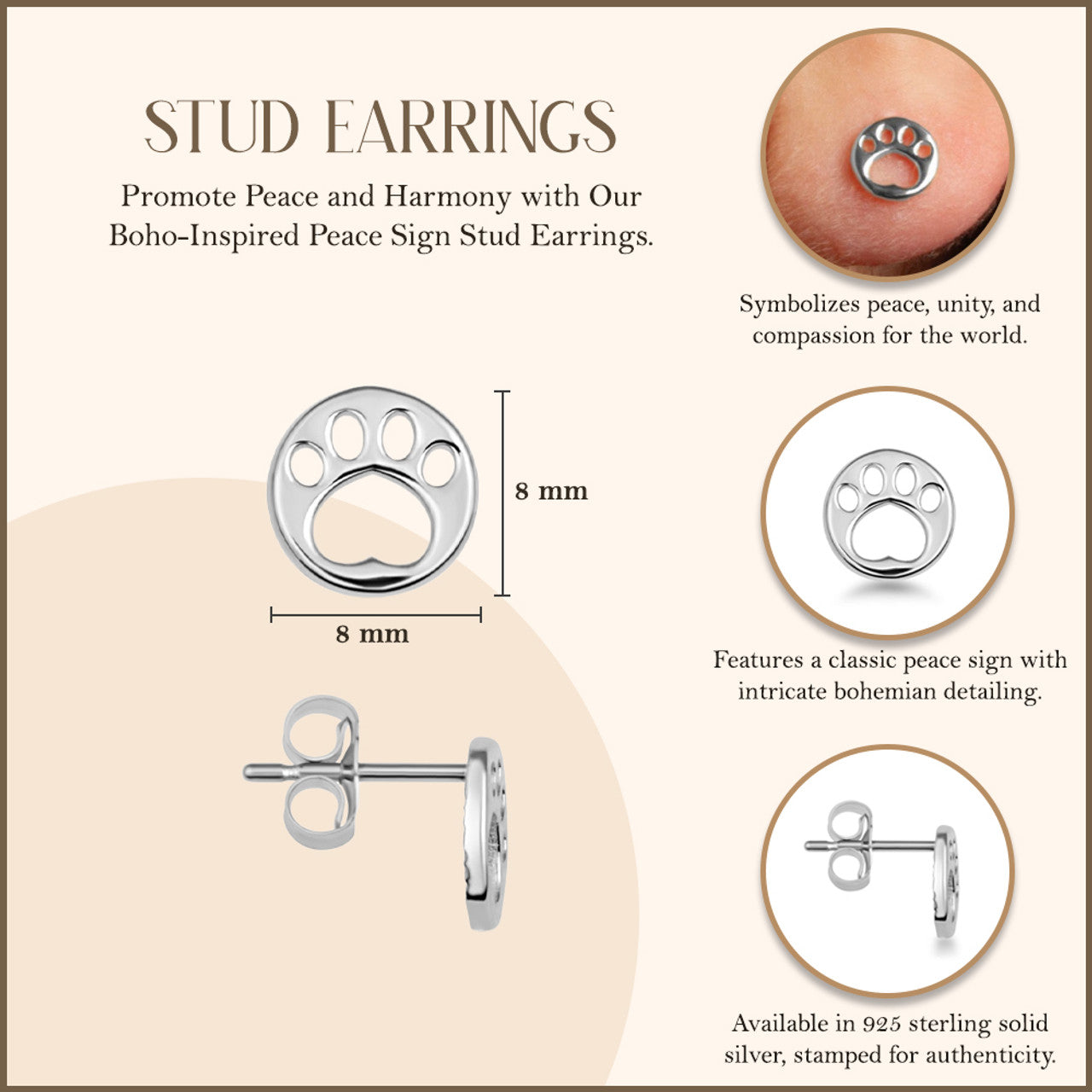 .925 Sterling Silver Dog Paw Print Pet Stud Earrings