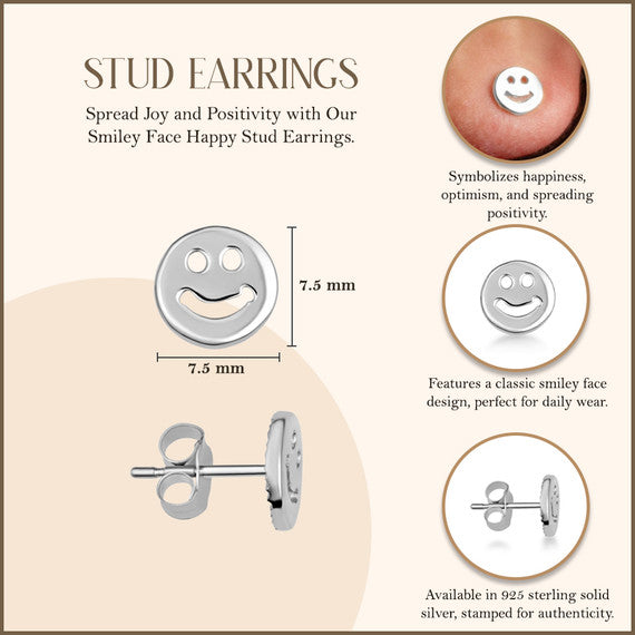 .925 Sterling Silver Smiley Face Happy Stud Earrings