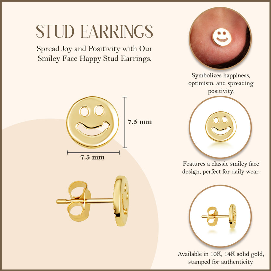 Yellow Gold Smiley Face Happy Stud Earrings