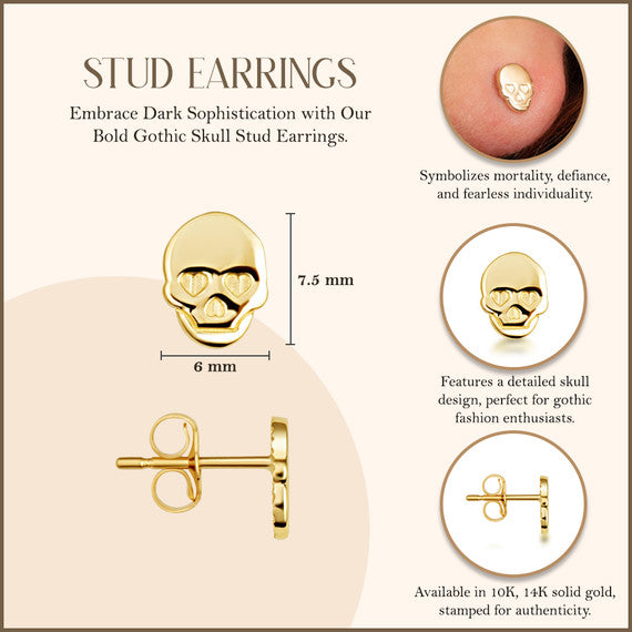 Yellow Gold Gothic Skull Stud Earrings