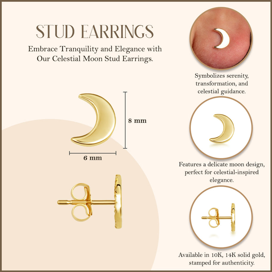 Yellow Gold Celestial Moon Stud Earrings