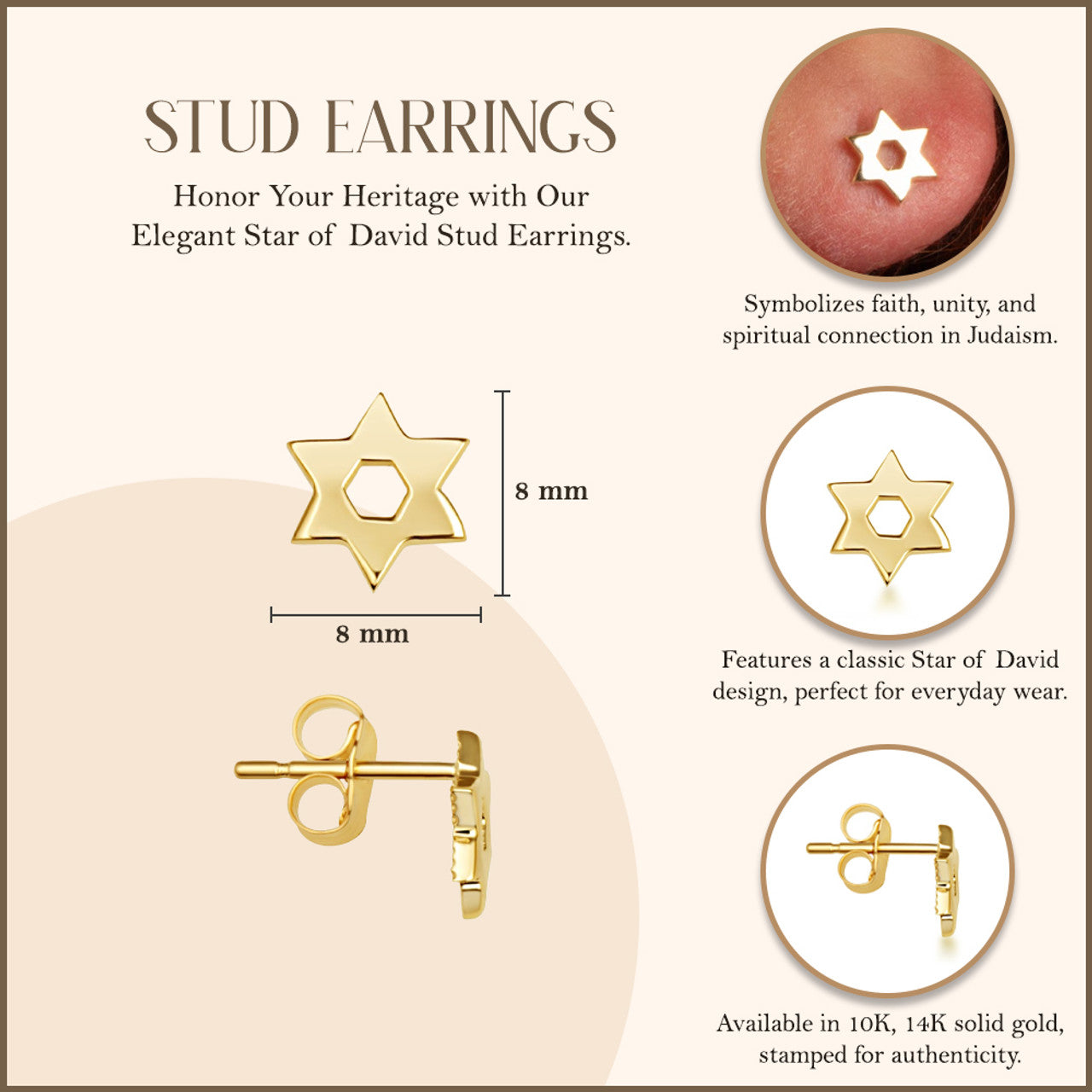 Yellow Gold Jewish Star Of David Stud Earrings