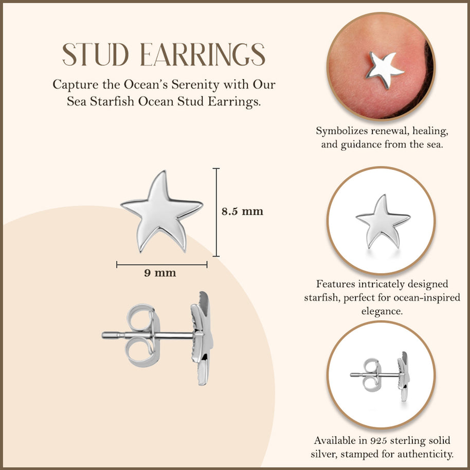 .925 Sterling Silver Sea Starfish Ocean Stud Earrings