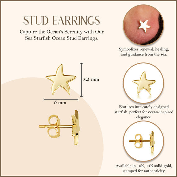 Yellow Gold Sea Starfish Ocean Stud Earrings