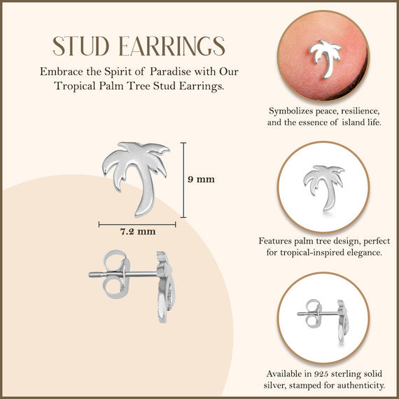 .925 Sterling Silver Tropical Palm Tree Stud Earrings