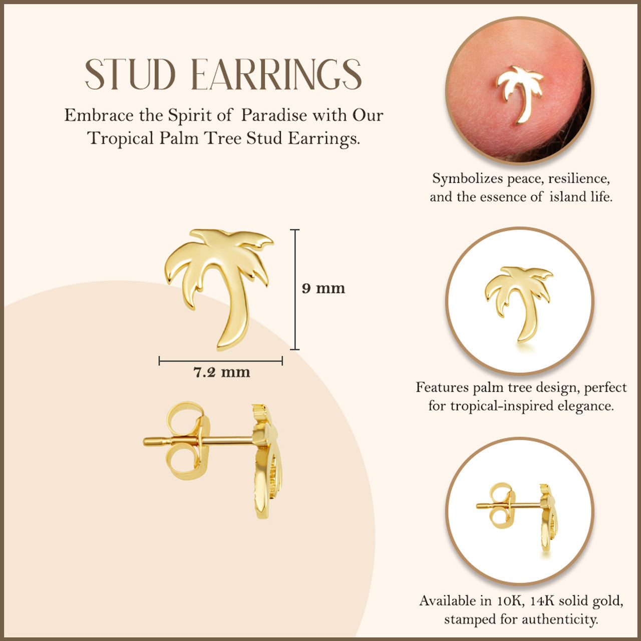 Yellow Gold Tropical Palm Tree Stud Earrings