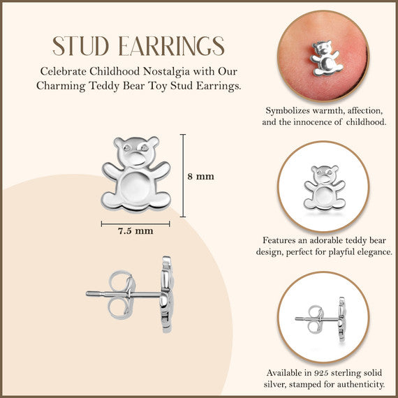 .925 Sterling Silver Teddy Bear Toy Stud Earrings