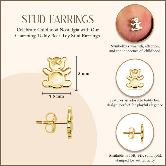 Yellow Gold Teddy Bear Toy Stud Earrings