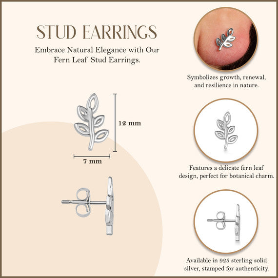 .925 Sterling Silver Fern Leaf Stud Earrings