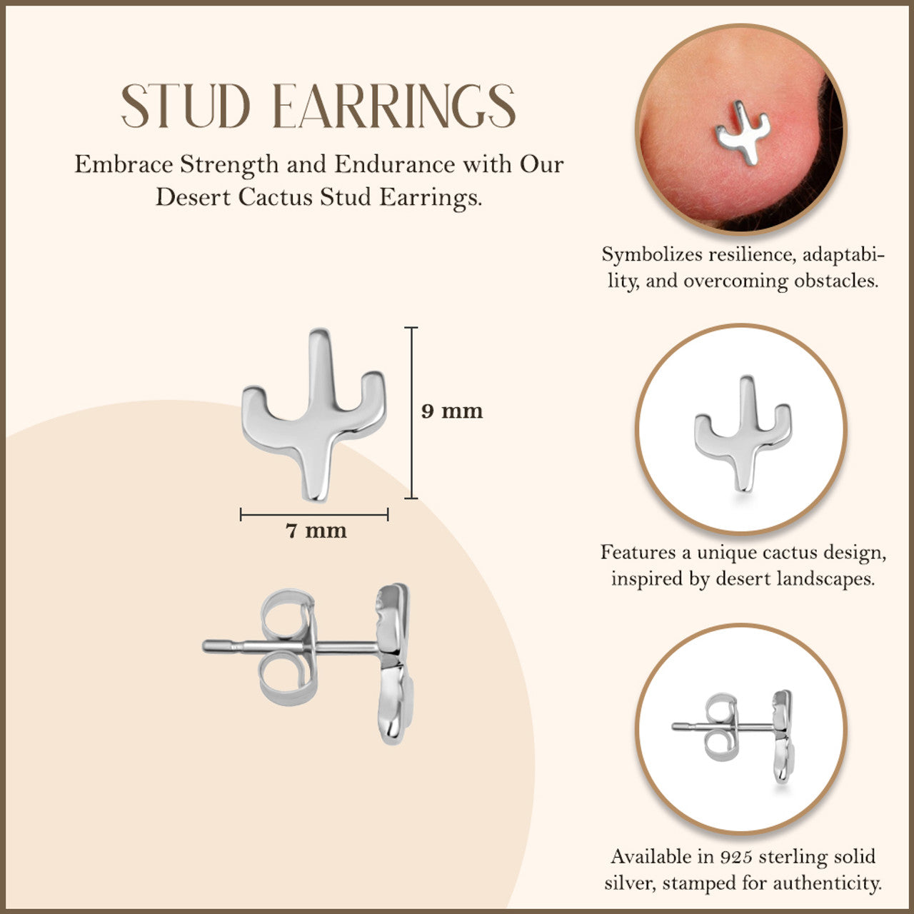.925 Sterling Silver Desert Cactus Stud Earrings