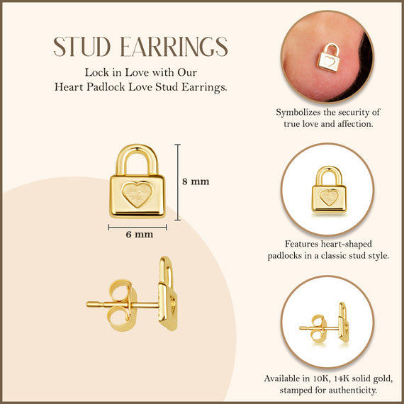 Yellow Gold Heart Padlock Love Stud Earrings