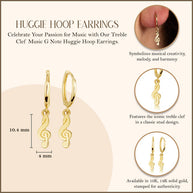 Yellow Gold Treble Clef Music G Note Drop Huggie Hoop Earrings