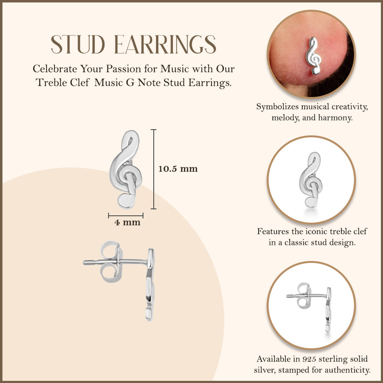 .925 Sterling Silver Treble Clef Music G Note Stud Earrings