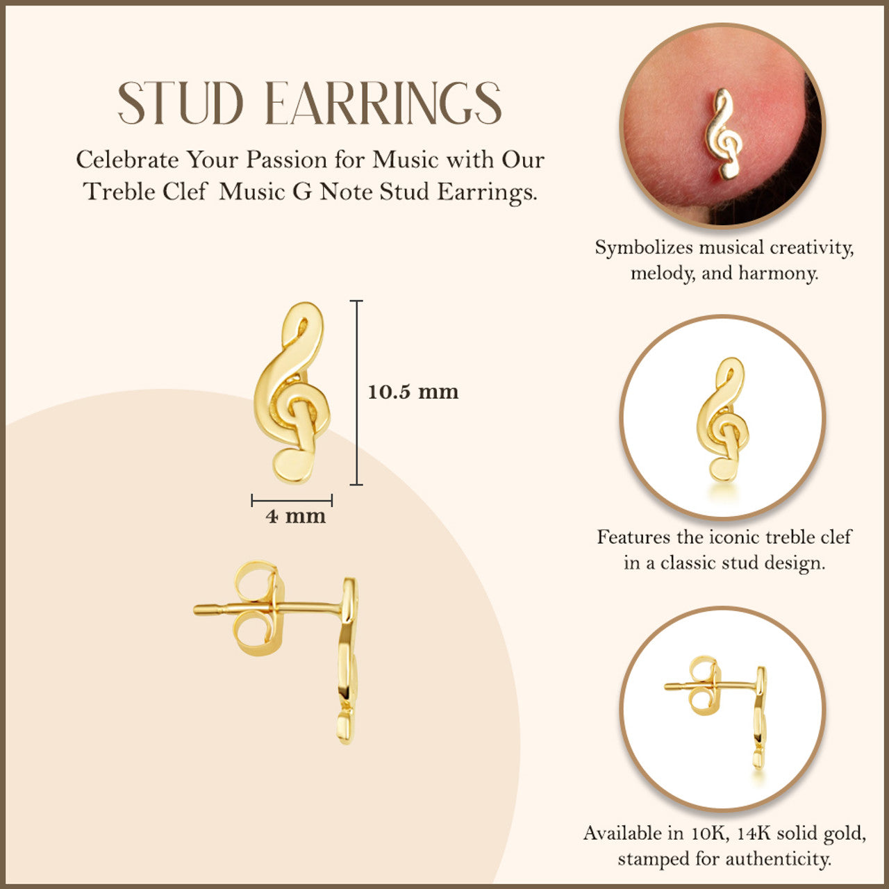 Yellow Gold Treble Clef Music G Note Stud Earrings