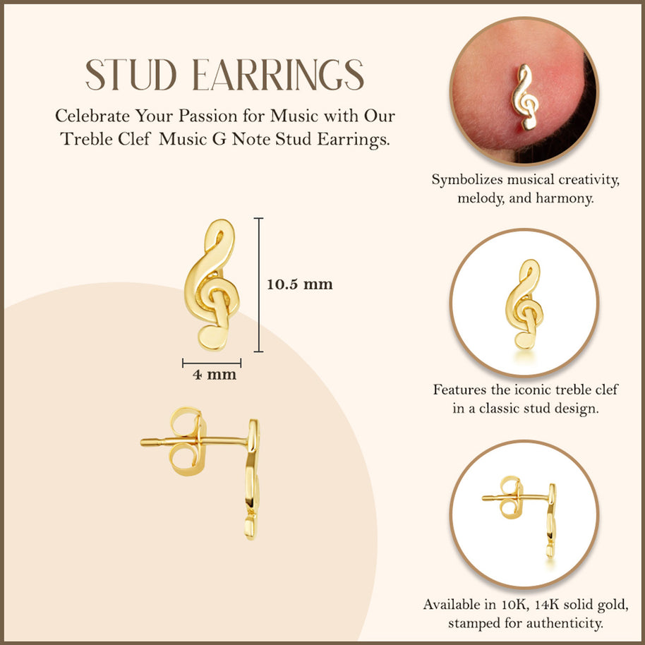 Yellow Gold Treble Clef Music G Note Stud Earrings