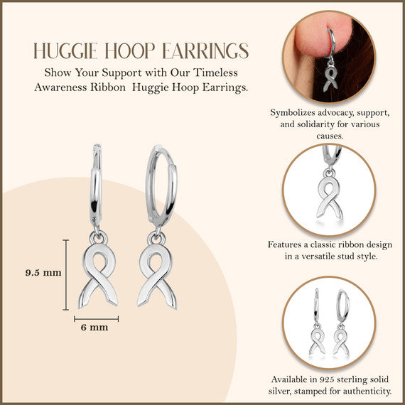 .925 Sterling Silver Awareness Ribbon Drop Huggie Hoop Earrings
