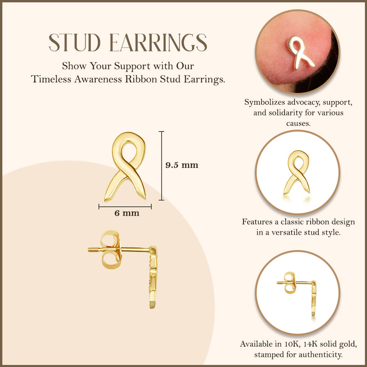 Yellow Gold Awareness Ribbon Stud Earrings
