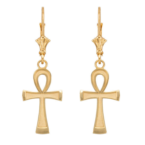Gold Egyptian Ankh Cross Leverback Earrings (Available in Yellow/Rose/White Gold)