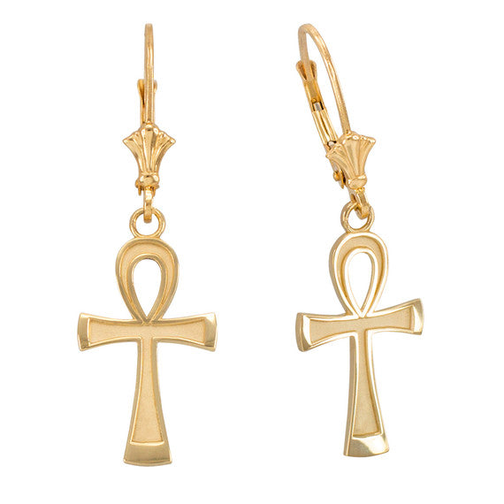 Gold Egyptian Ankh Cross Leverback Earrings (Available in Yellow/Rose/White Gold)