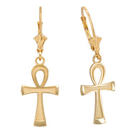 Gold Egyptian Ankh Cross Leverback Earrings (Available in Yellow/Rose/White Gold)