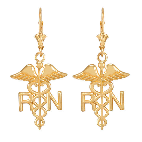 Gold Registered Nurse RN Caduceus Earrings(Available in Yellow/Rose/White Gold)