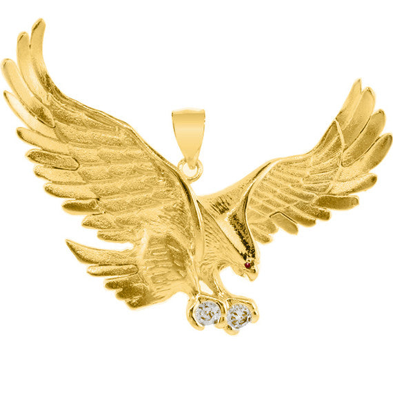 Yellow Gold Cubic Zirconia Eagle Ruby Birthstone Pendant (2.5