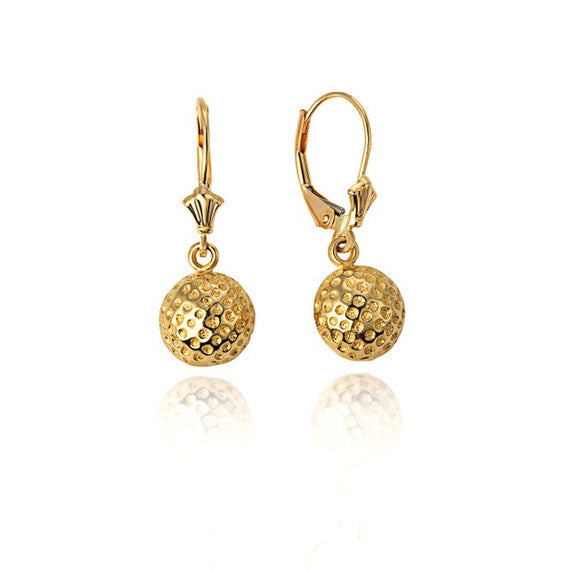 14K Yellow Gold Golf Ball Sports Leverback Earrings