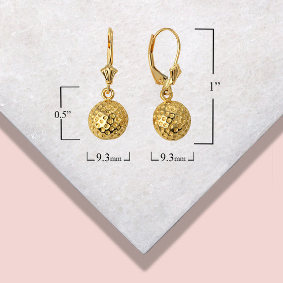 14K Yellow Gold Golf Ball Sports Leverback Earrings