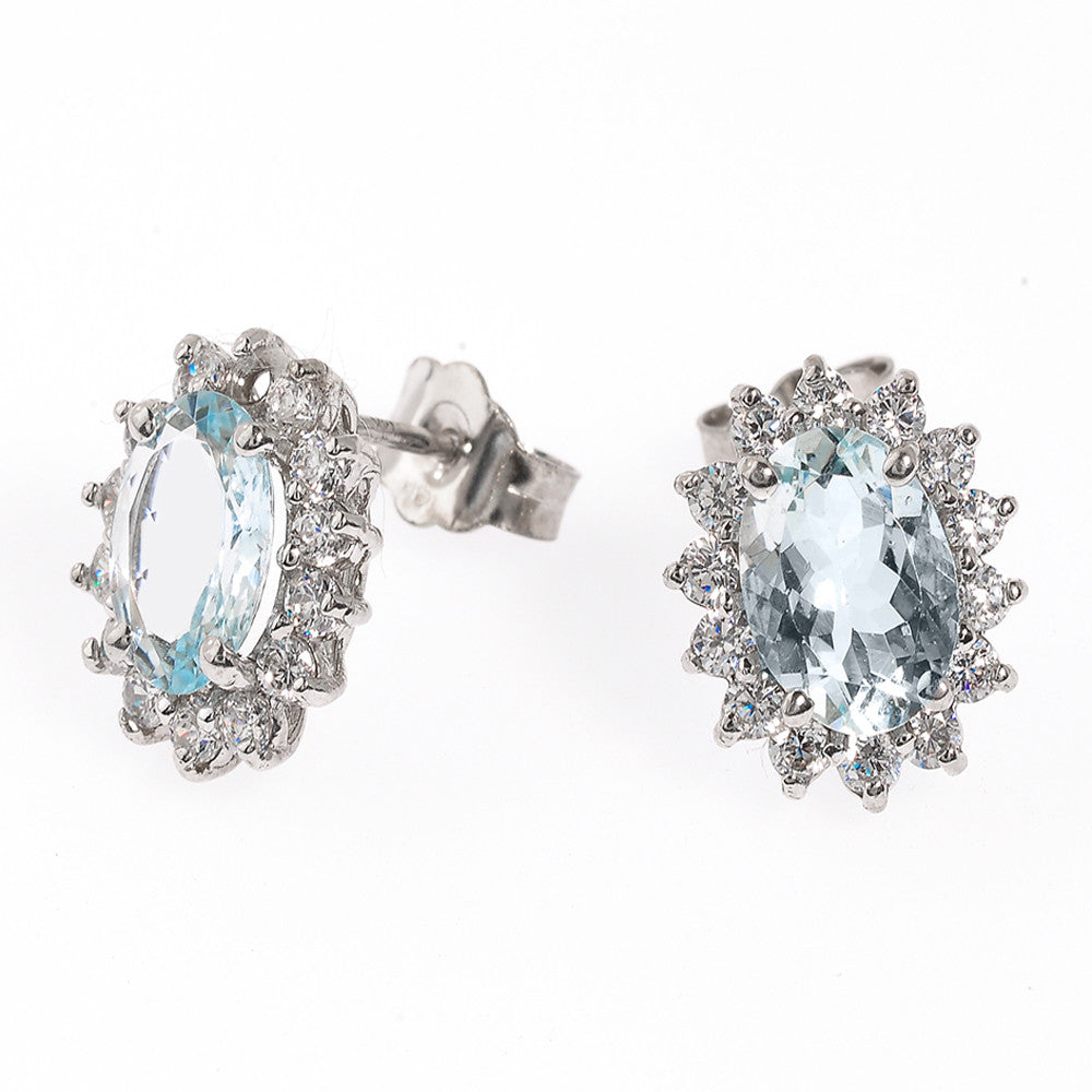 14K White Gold Diamond and Light Blue Aquamarine Stud Earrings