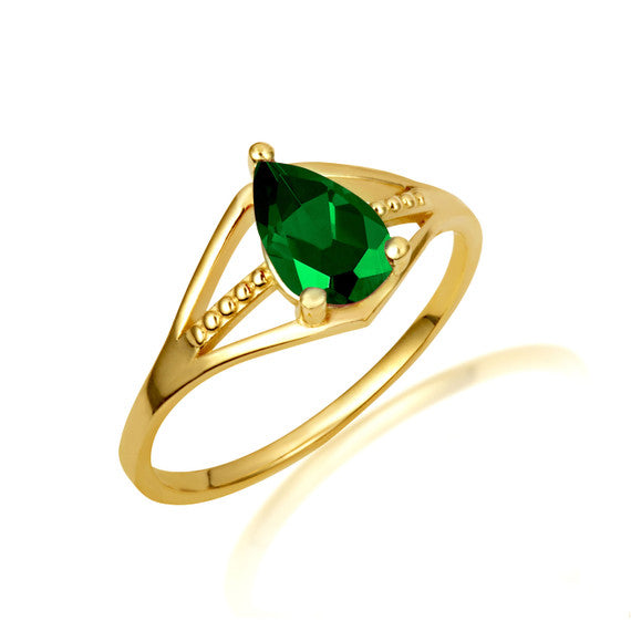 Gold Pear Cut Beaded Cubic Zirconia Birthstone Ring (Available in Yellow/Rose/White Gold)