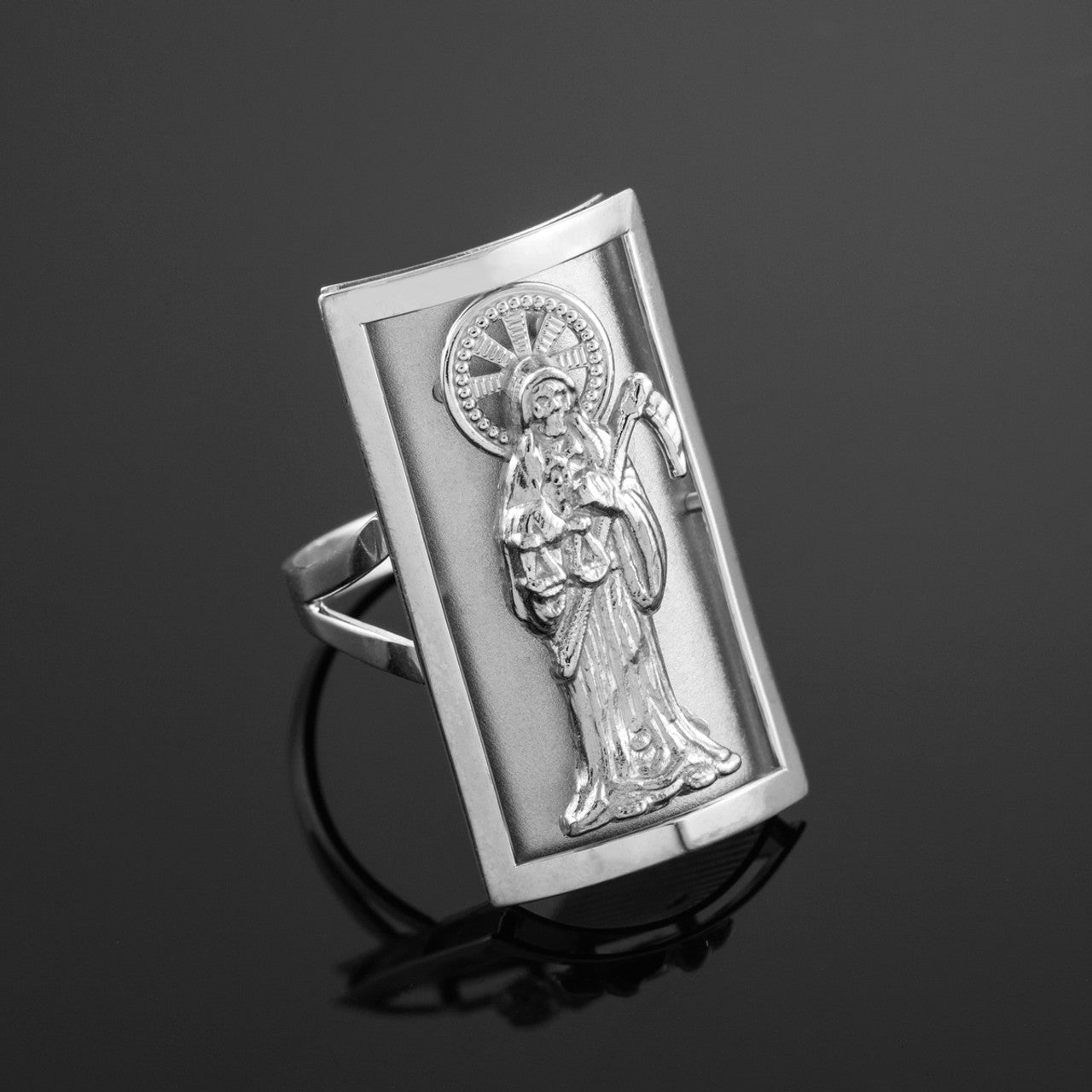 .925 Sterling Silver Santa Muerte Protection Shield Signet Ring (1.20