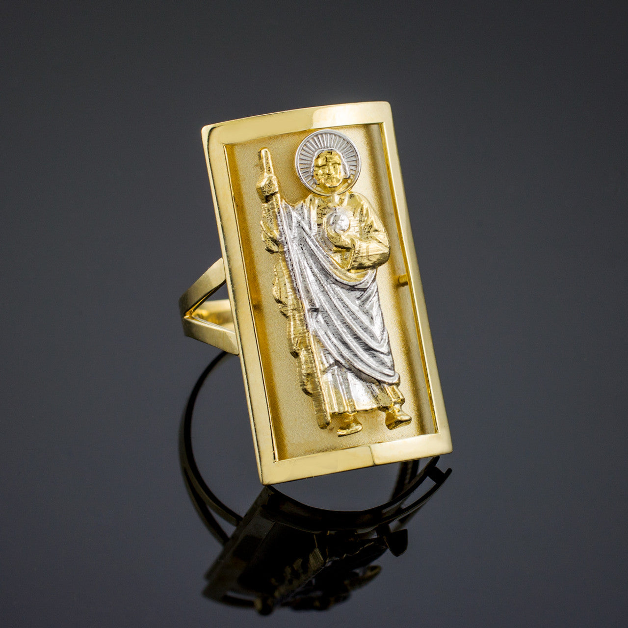 Two-Tone Gold Saint Jude Protection Shield Signet Ring (0.90