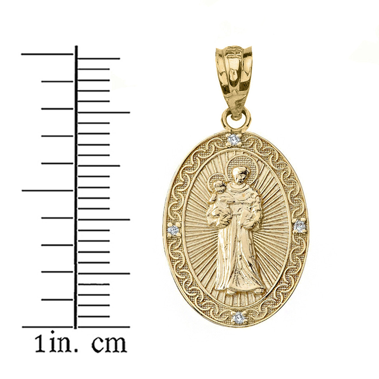Solid Gold Engravable Diamond Saint Anthony Pray For Us Oval Pendant Necklace 1.04