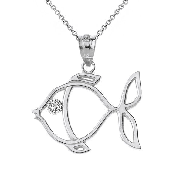 Tropical Reef Fish Outline Solitaire Pendant Necklace in Gold (Yellow/Rose/White)