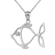 Tropical Reef Fish Outline Solitaire Pendant Necklace in Gold (Yellow/Rose/White)