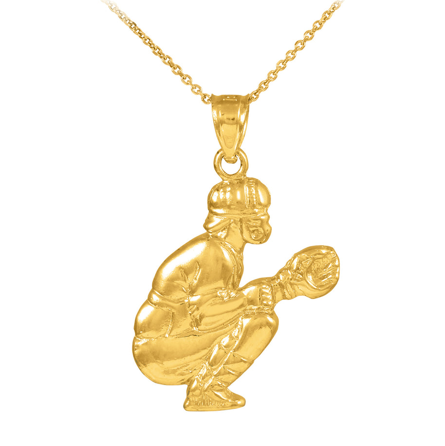 Solid Gold Baseball Catcher Charm Sports Pendant Necklace (Available in Yellow/Rose/White Gold)