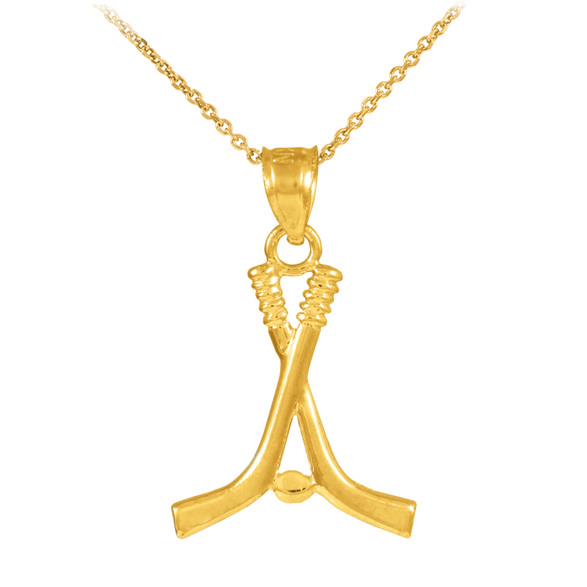 Hockey Sticks and Puck Gold Charm Sports Pendant Necklace (Available in Yellow/Rose/White Gold)