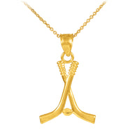 Hockey Sticks and Puck Gold Charm Sports Pendant Necklace (Available in Yellow/Rose/White Gold)