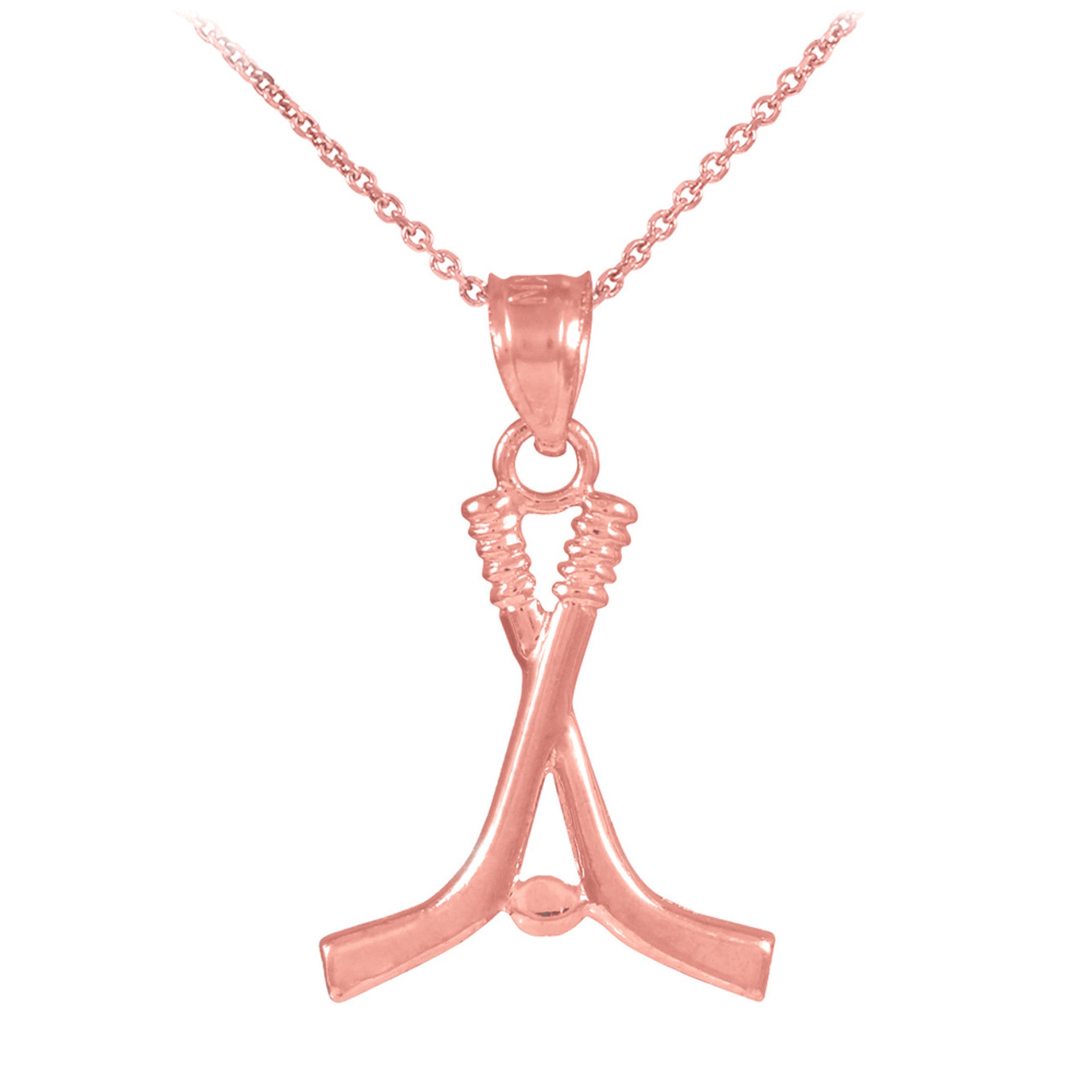 Hockey Sticks and Puck Gold Charm Sports Pendant Necklace (Available in Yellow/Rose/White Gold)
