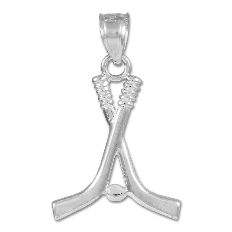 .925 Sterling Silver Hockey Sticks and Puck Charm Sports Pendant Necklace