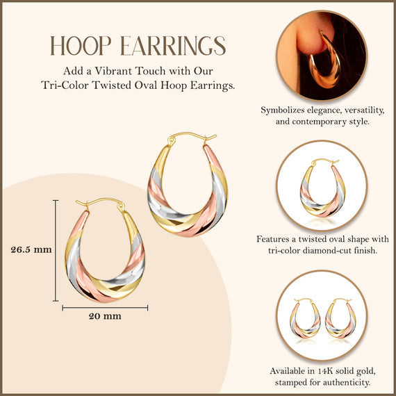 Tri-Color Gold Diamond Cut Twisted Oval Hoop Earrings