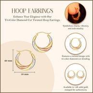 Tri-Color Gold Twisted Diamond Cut Hoop Earrings