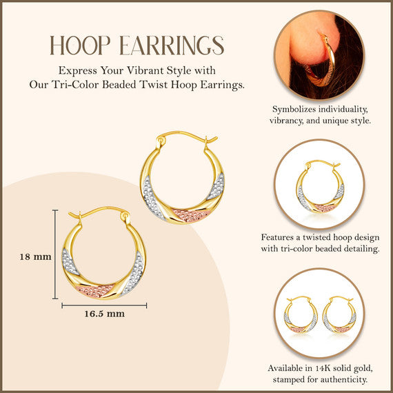 Tri-Color Gold Beaded Twist Hoop Earrings