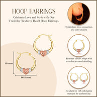 Tri-Color Gold Textured Heart Hoop Earrings