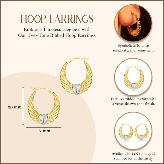 14K Two-Tone Gold Ribbed Hoop Earrings